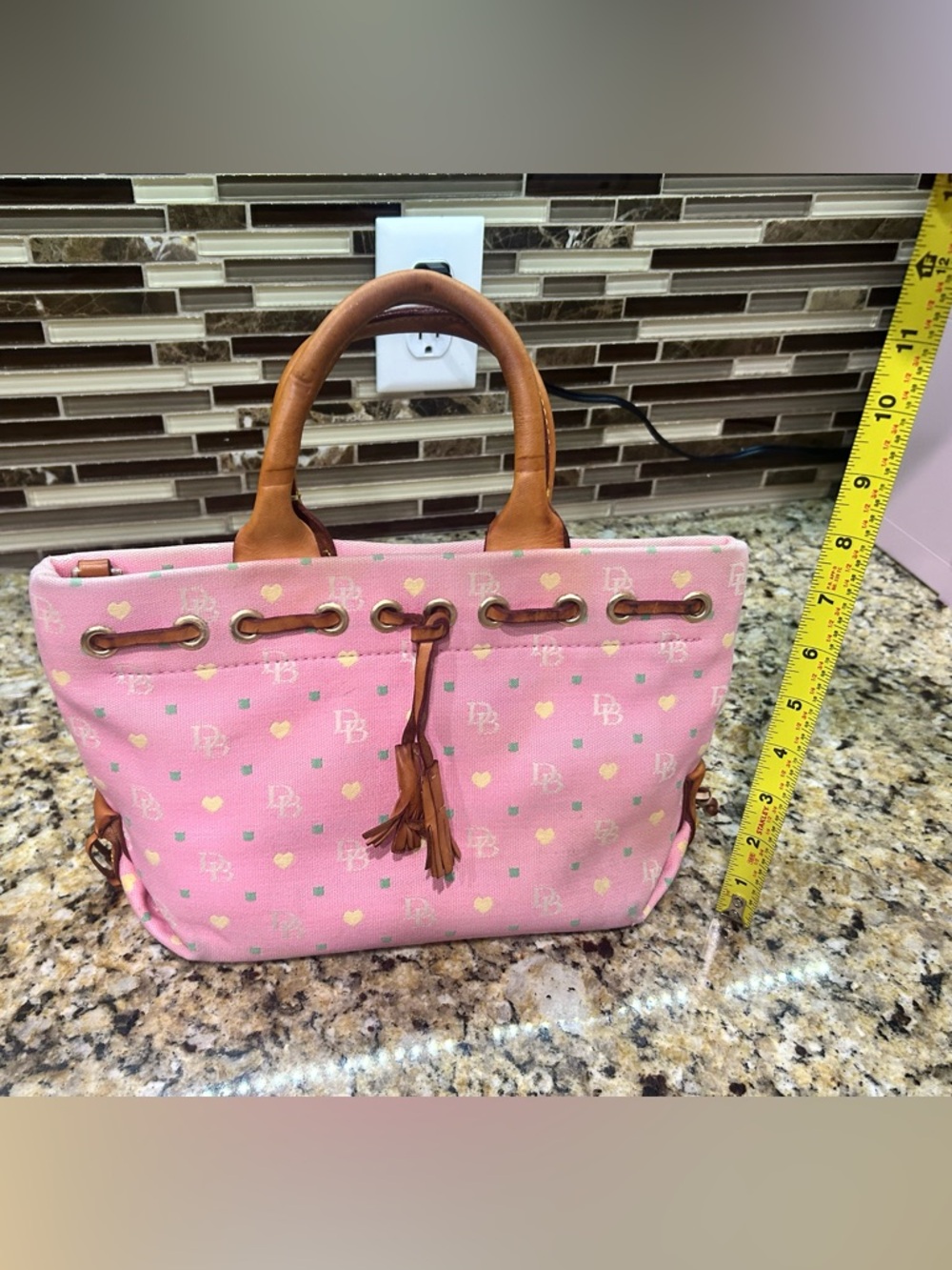 Dooney & Bourke Pink Canvas Heart Logo Tote with Tan Leather Trim - Picture 5 of 6
